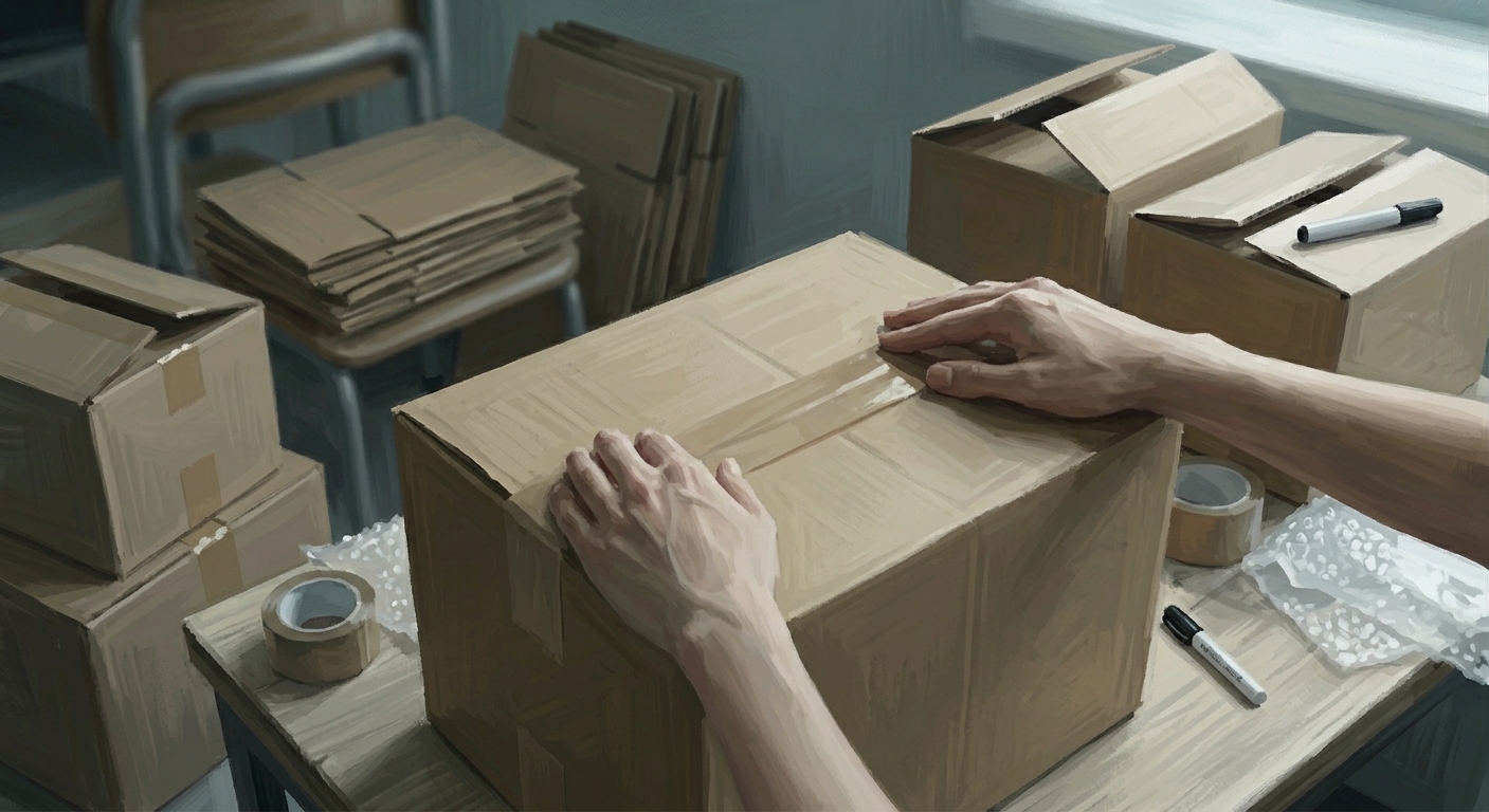 引っ越しの準備で段ボール箱に荷物を詰めている手元