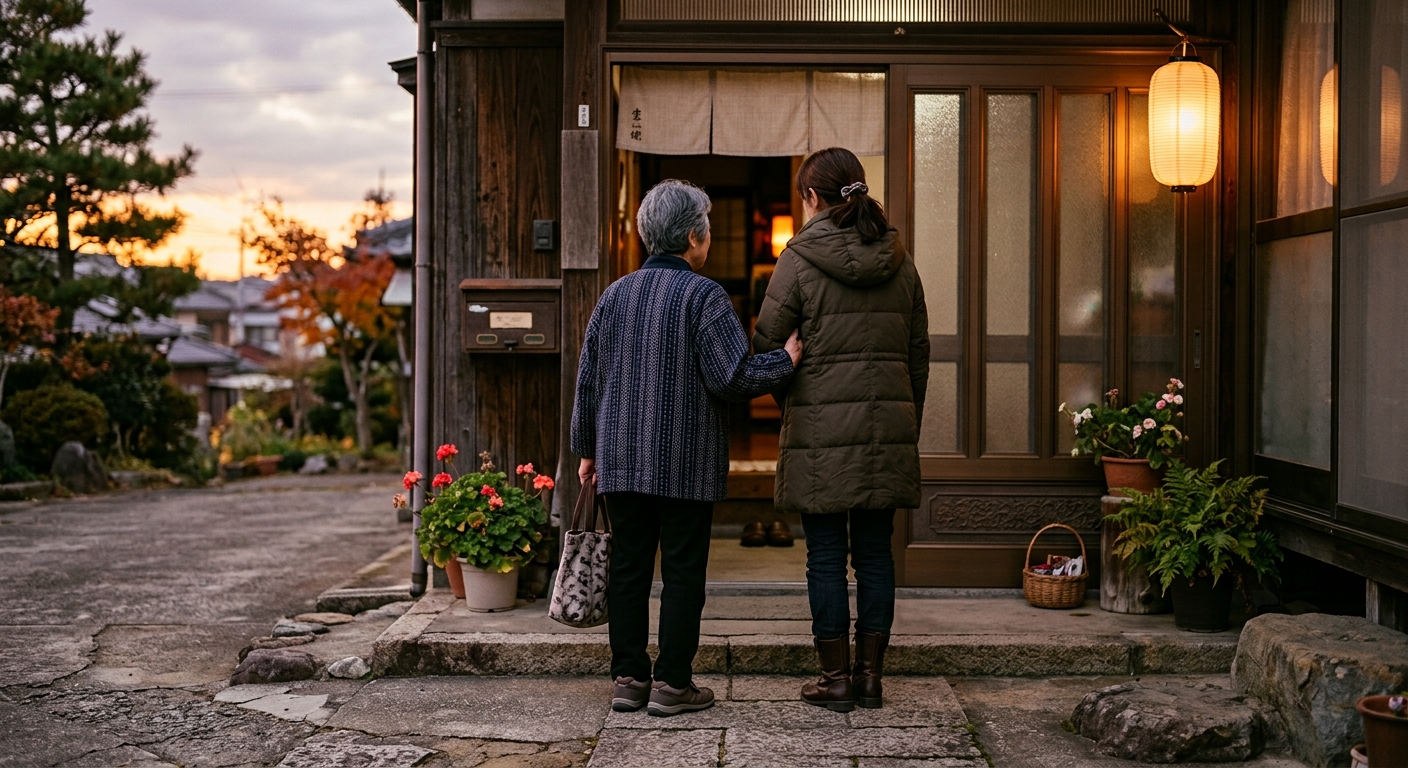 夕暮れの実家の玄関先に並んで立つ、高齢の母と娘の後ろ姿