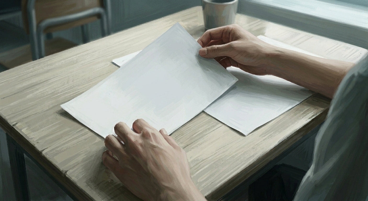 テーブルの上で二枚の白い書類を見比べている手元