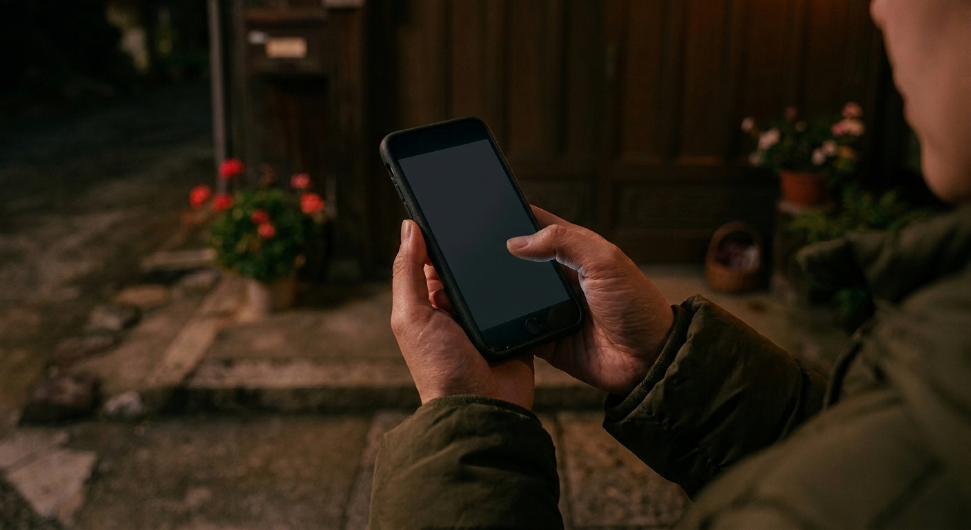 画面の消えたスマートフォンを手に持ち見つめている手元