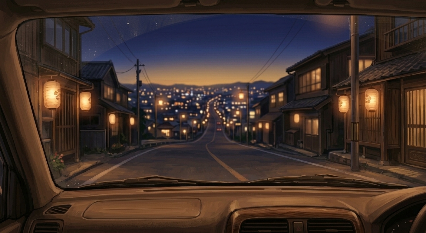 車の中から見た、街灯のともる夜の帰り道